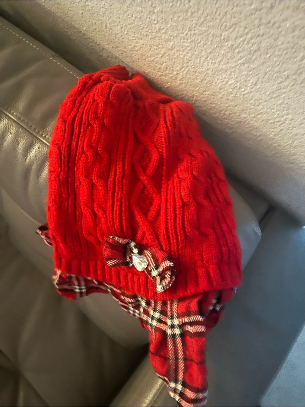 Red Cable Knit Plaid Lined Dog Sweater with Bow Accent Size Small